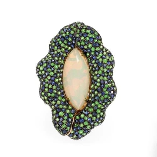 ESTATE 16.69CT OPAL SAPPHIRE 18K YELLOW GOLD LONG FLORAL RING LIQUIDATION! (1 of 2)