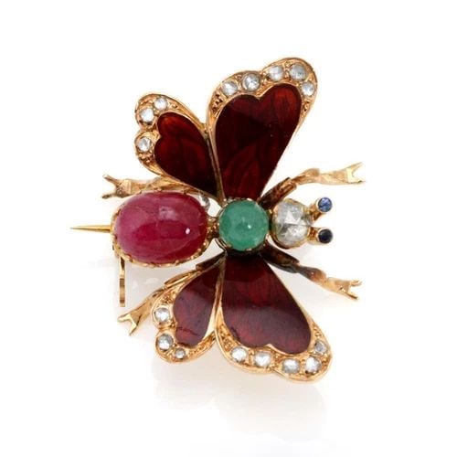 18K YELLOW GOLD ROSE DIAMOND EMERALDS RUBY ENAMEL 18K BUTTERFLY BROOCH: 18K YELLOW GOLD ROSE DIAMOND EMERALDS RUBY ENAMEL 18K BUTTERFLY BROOCH Rose Diamond Emeralds Ruby Enamel 18k Butterfly Brooch Description This is a beautiful antique brooch, it is crafted from 18k yel