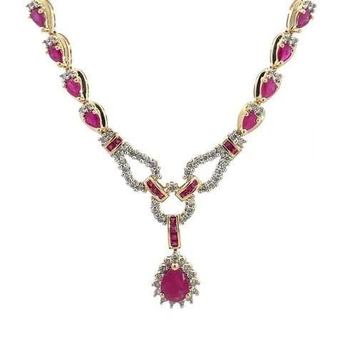 DIAMOND RUBY COCKTAIL NECKLACE 14K YELLOW GOLD DANGLE PENDANT (1 of 2)