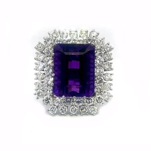 AMETHYST DIAMOND COCKTAIL RING 14K WHITE GOLD LARGE 2 TIER HALO STYLE 18CT: AMETHYST DIAMOND COCKTAIL RING 14K WHITE GOLD LARGE 2 TIER HALO STYLE 18CT This is a magnificent large cocktail ring; it is crafted from 14k white gold featuring a multi-prong wire bridge with a large