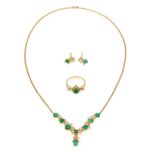 ESTATE 4.90CT DIAMOND EMERALD 18K GOLD NECKLACE EARRINGS RING SET (1 of 2)