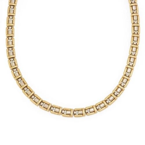 CHIMENTO 18K TWO TONE GOLD 8MM WIDE FANCY LINK COLLAR NECKLACE: Chimento 18k Two Tone Gold 8mm Wide Fancy Link Collar Necklace Description This lovely authentic collar necklace is by Chimento, crafted from 18k yellow and white gold featuring an 8mm width and yello