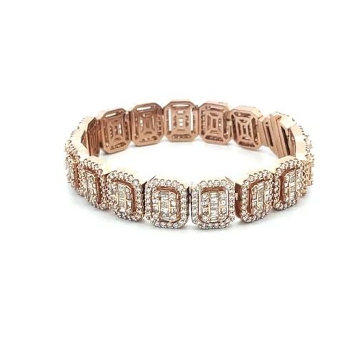DIAMOND ROSE GOLD BRACELET 11 CARATS 14K LONG LINKS HALO FRAME LENO: This is a magnificent diamond bracelet, it is crafted from 14k rose gold featuring chasing octagonal diamond bezel frame with round diamonds and inside each frame is a rectangle shape with baguette di