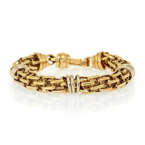 ITALIAN LADIES BRACELET LARGE 18K TWO TONE GOLD 12MM ROUND FLEX LINK 49GR (1 of 2)