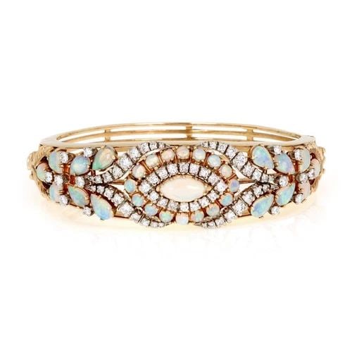 DIAMOND & OPAL 14K BRACELET YELLOW GOLD FLORAL WIDE VINTAGE BANGLE: DIAMOND & OPAL 14K BRACELET YELLOW GOLD FLORAL WIDE VINTAGE BANGLE Estate Diamond & Opal 14k Yellow Gold Floral Bangle Bracelet ! Description This is a gorgeous Estate bracelet, it is crafted from 14k