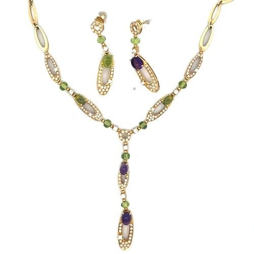 DIAMOND & GEMS GOLD EARRINGS NECKLACE SET 18K YELLOW MARQUISE LINK DANGLING (1 of 2)