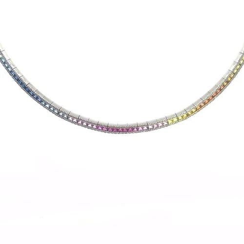 COLLAR NECKLACE RAINBOW SAPPHIRE DIAMOND 14K WHITE GOLD: COLLAR NECKLACE RAINBOW SAPPHIRE DIAMOND 14K WHITE GOLD This is a beautiful rainbow collar necklace; it is crafted from 14k white gold with a polished finish. The front half of the necklace is 5.5mm w
