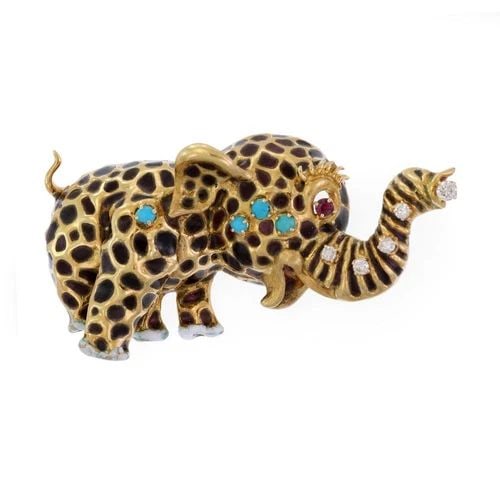 3D BABY ELEPHANT BROOCH ESTATE DIAMOND GEMS ENAMEL 18K GOLD 41G ADORABLE (1 of 2)
