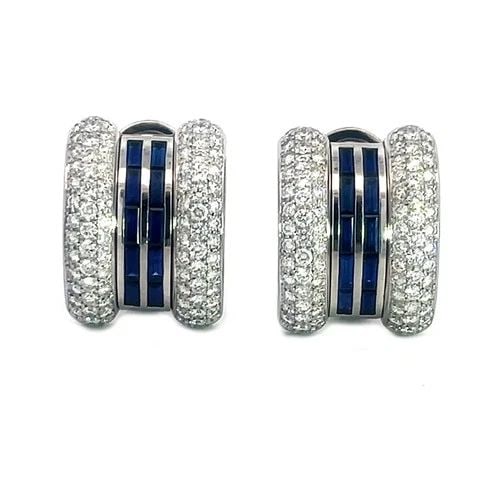 CHOPARD DIAMOND SAPPHIRE GOLD EARRINGS 18K WHITE CURVED HUGGIE STYLE: CHOPARD DIAMOND SAPPHIRE GOLD EARRINGS 18K WHITE CURVED HUGGIE STYLE These gorgeous eye-catching earrings are by Chopard featuring a curved wide bar shape with a pavé set diamond on each end and the 