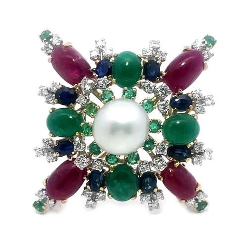 GOLD DIAMOND & GEMS BROOCH 17K YELLOW CABOCHON FLORAL STYLE VINTAGE (1 of 2)