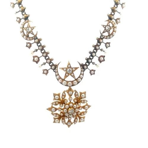 VICTORIAN DIAMOND GOLD NECKLACE 18K YELLOW MOON & STARS FLORAL MOTIFS: VICTORIAN DIAMOND GOLD NECKLACE 18K YELLOW MOON & STARS FLORAL MOTIFS This is a gorgeous Victorian Era necklace; the pendant is a lovely flower style with a large diamond in the center surrounded with