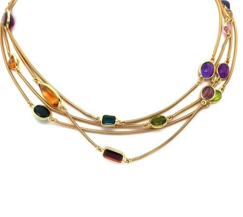 GOLD NECKLACE MULTI-COLOR GEMS 18KYELLOW SNAKE CHAIN 90": GOLD NECKLACE MULTI-COLOR GEMS 18KYELLOW SNAKE CHAIN 90" This very long colorful is just stunning! It is crafted from 18k yellow gold featuring 1.5mm snake chain with assorted shape and size colored g