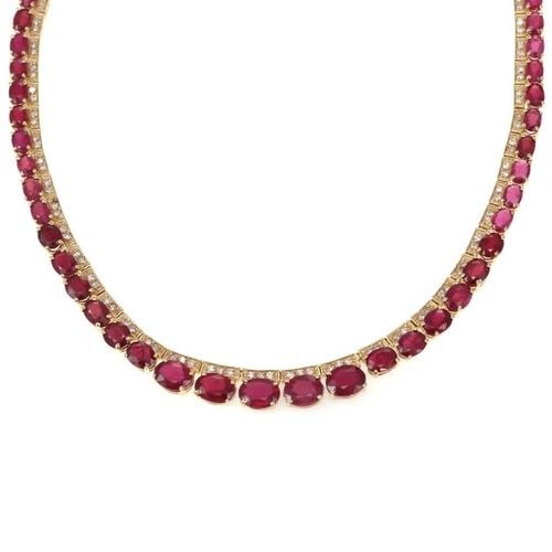 ESTATE 47.50CT DIAMOND RUBY 14K YELLOWGOLD GRADUATED COLLAR NECKLACE: Estate Diamond Ruby 14k Yellow Gold Graduated Collar Necklace Description This is a gorgeous Estate collar necklace, it is crafted from 14k yellow gold with a long slim rectangular shape links attache