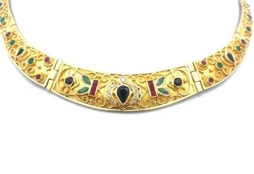 DIAMOND & GEMS GOLD NECKLACE 18K GRADUATED COLLAR FLORAL STYLE (1 of 2)