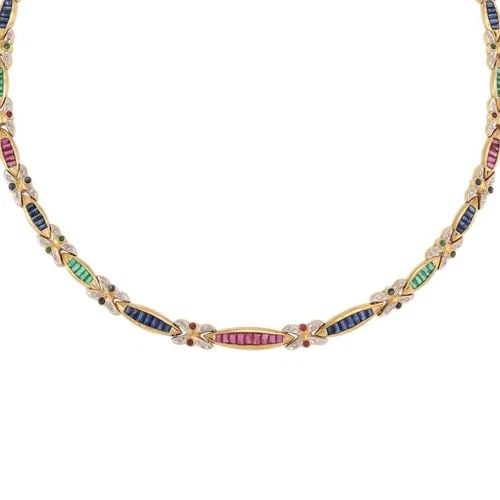 RUBY SAPPHIRE EMERALD GOLD NECKLACE 18K DIAMOND MULTICOLOR GEMS FANCY LINK (1 of 2)