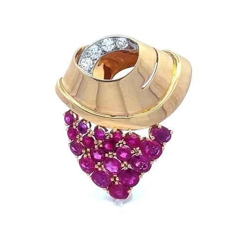BURMESE NATURAL RUBY GOLD BROOCH DIAMOND 18K ROSE CLUSTER STYLE NO HEAT GIA (1 of 2)