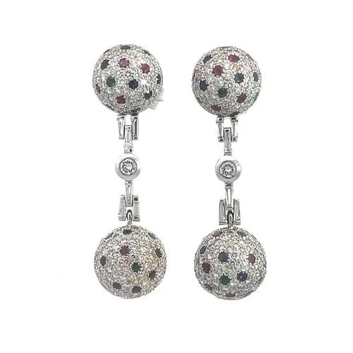 CONVERTIBLE DIAMOND GOLD EARRINGS DANGLE BALL 18K WHITE GEMSTONE: CONVERTIBLE DIAMOND GOLD EARRINGS DANGLE BALL 18K WHITE GEMSTONE This stunning pair of earrings are crafted from 18k white gold featuring a half dome at the top with pave set diamonds and small round 