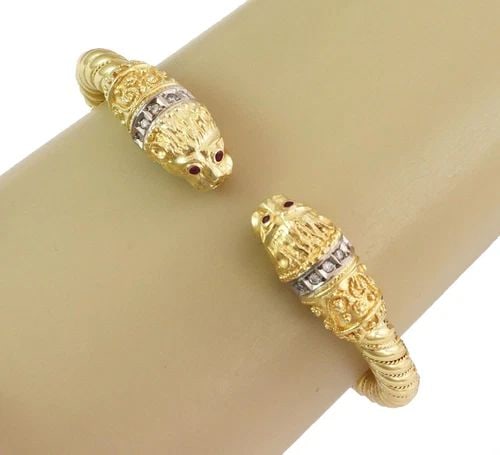 DIAMOND RUBY LION BRACELET 18K GOLD DOUBLE GRIFFIN/ HEAD CUFF (1 of 2)