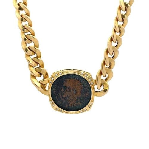 DIAMOND 18K GOLD NECKLACE COIN PENDANT CURB LINK CHAIN: DIAMOND 18K GOLD NECKLACE COIN PENDANT CURB LINK CHAIN This curb chain and pendant necklace are crafted from 18k yellow gold, the pendant features a cushion shaped frame accented with diamonds on the 