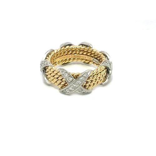 TIFFANY & CO. SCHLUMBERGER DIAMOND X BAND PLATINUM 18K GOLD 4 ROW SIZE 6.25: This elegant ring is from Tiffany & Co. by Schlumberger from the X Collection. The band is crafted from 18k yellow gold with 4 rope wire band stacked together and around the band are 4 X frame in plat