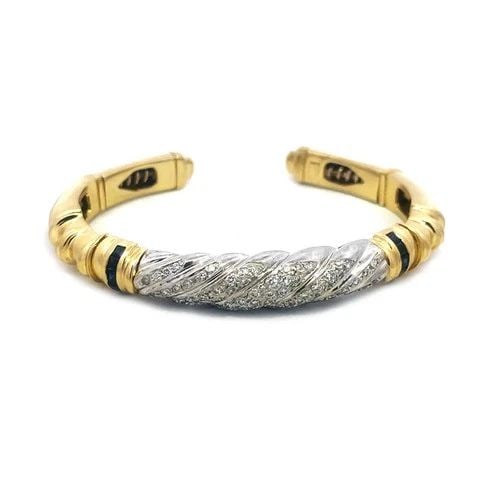 DIAMOND SAPPHIRE GOLD BRACELET 18K TWO TONE LARGE CUFF STYLE (1 of 2)