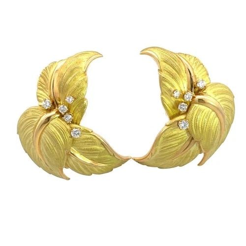18K DIAMOND LEAF EARRINGS YELLOW GOLD DETAILED TRIPLE STYLE CLIP ON LARGE (1 of 2)