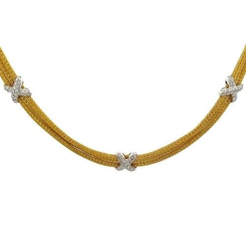 DIAMOND 18K GOLD NECKLACE TRIPLE STRAND X MOTIFS MESH CHAIN: DIAMOND 18K GOLD NECKLACE TRIPLE STRAND X MOTIFS MESH CHAIN This lovely collar necklace is crafted from 18k yellow gold with white gold accent. It features triple mesh link chain with slide clasp and 