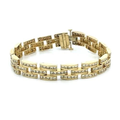 PANTHER LINK GOLD BRACELET 9 CARATS DIAMOND FULL CIRCLE 14K YELLOW: This is a stunning panther link bracelet, it is crafted from 14k yellow gold featuring triple row curved bars, each bar has 5 round cut channel set sparkling diamonds, all with an approximate weight o