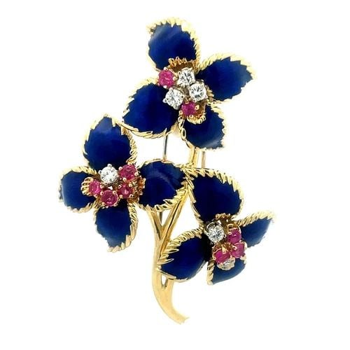 CORLETTO GOLD DIAMOND BROOCH 18K YELLOW ENAMEL RUBY SPRIG FLOWERS VINTAGE: This designer Corletto gold diamond brooch is a stunning piece of vintage jewelry featuring a beautiful design of yellow gold with blue enamel and ruby sprig flowers. Made of 18k yellow gold and set w