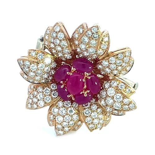 DIAMOND ROSE GOLD BROOCH 6.50CT GEMSTONE 18K FLOWER PIN PIRANESI DESIGN: This charming brooch is by designer Piranesi, a true testament to elegance and craftsmanship. The brooch features sparkling white diamonds, cut to perfection, and set in a prong setting that enhances 