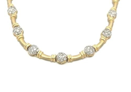 DIAMOND 3CT GOLD NECKLACE 14K TWO TONE PAVE SET DOME & BAR LINKS: Elevate your jewelry collection with this exquisite diamond gold necklace, a sophisticated choice for those special moments. Crafted in 14k two-tone gold, this necklace features a stunning array of pa