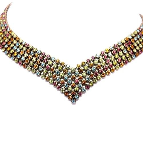 GOLD 14K COLLAR NECKLACE WIDE MULTICOLOR GEMSTONE YELLOW GOLD: GOLD 14K COLLAR NECKLACE WIDE MULTICOLOR GEMSTONE YELLOW GOLD This is a beautiful 14k yellow gold collar necklace featuring 5 rows wide small round links joined together by short stick links. Each row