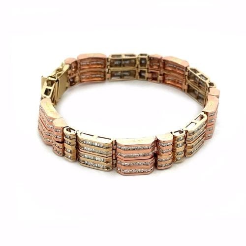 DIAMOND GOLD MEN'S BRACELET 7CTS YELLOW & ROSE COLOR 10K 5 ROW SET: DIAMOND GOLD MEN'S BRACELET 7CTS YELLOW & ROSE COLOR 10K 5 ROW SET This beautiful genuine earth mine diamond bracelet is crafted from 10k rose and yellow gold featuring alternating wide and slim bar l