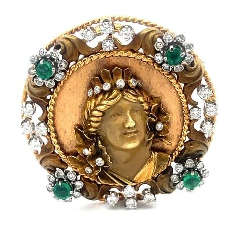 MARIO BOSCHI EMERALD ATHENA PENDANT/PIN CAMEO 18K GOLD FLORAL ROUND NY (1 of 2)