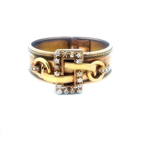 VICTORIAN DIAMOND GOLD BUCKLE BRACELET 18K ROSE WIDE HINGED BAND (1 of 2)