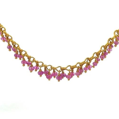 GOLD 22K GEMSTONE NECKLACE YELLOW GENUINE DANGLE BEAD COLLAR STYLE: GOLD 22K GEMSTONE NECKLACE YELLOW GENUINE DANGLE BEAD COLLAR STYLE This stunning collar necklace is crafted from 22k yellow gold with double wire small figure 8 links chain, it secures with a large ho
