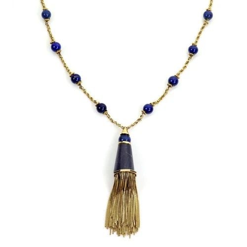 14K YELLOW GOLD LAPIS NECKLAC TASSEL PENDANT BEAD CHAIN 60 GRAMS VINTAGE (1 of 2)