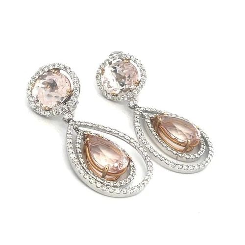 MORGANITE GOLD EARRINGS DIAMOND 2.50CT 18K TWO TONE GOLD DANGLE PEAR SHAPE (1 of 2)
