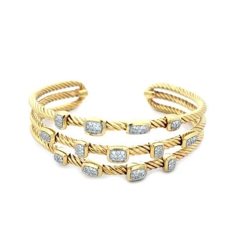 DAVID YURMAN CONFETTI GOLD CUFF BRACELET 18K YELLOW 3 ROW STYLE: DAVID YURMAN CONFETTI GOLD CUFF BRACELET 18K YELLOW 3 ROW STYLE The David Yurman Confetti Gold Cuff Bracelet is a stunning piece of fine jewelry crafted with 18k yellow gold and featuring a beautiful 