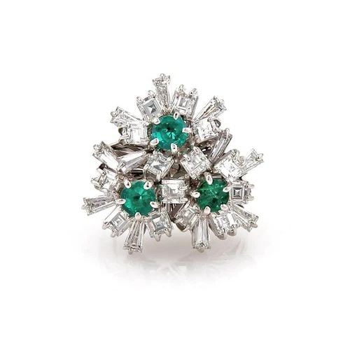 DIAMOND & EMERALD 18K WHITE GOLD ESTATE TRIPLE FLORAL RING (1 of 2)