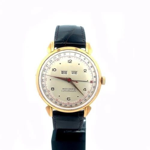 MOVADO VINTAGE CALENDOMATIC GOLD WATCH 18K AUTOMATIC DAY DATE LEATHER BAND (1 of 2)