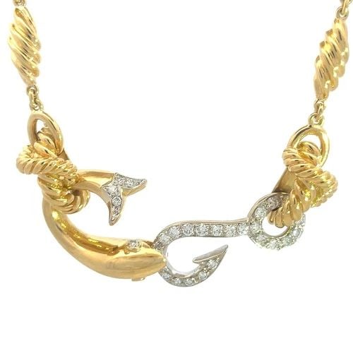 DIAMOND GOLD FISH NECKLACE 14K TWO TONE SEA LIFE SHELL LINK CHAIN (1 of 2)