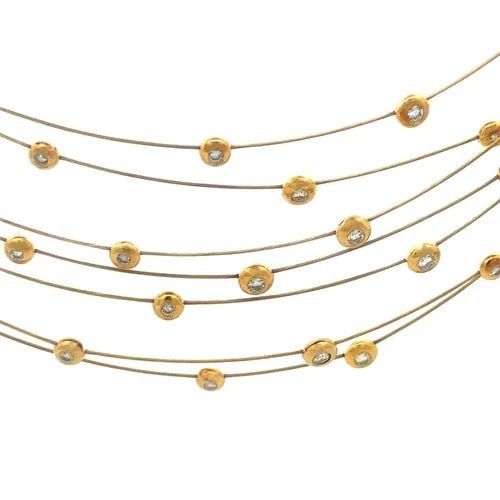 GOLD 18K BIB NECKLACE DIAMOND CABLE LAYERED STYLE 7 STRAND BEAD MOTIFS: Elevate your jewelry collection with the luxurious gold 18k bib necklace, it features a stunning array of bead motifs, each attached to 7 meticulously crafted fine cable strands which is layered to cr