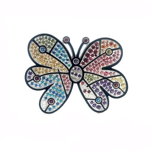 ROMERO BRITTO X OC GOLD BUTTERFLY BROOCH MULTICOLOR GEMSTONE 18K WHITE: ROMERO BRITTO X OC GOLD BUTTERFLY BROOCH MULTICOLOR GEMSTONE 18K WHITE This Orianne Collins Collection is a contemporary-multicolor gemstone brooch by designer Romero Britto. It is crafted from solid 