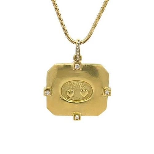 SEIDENGANG DIAMOND NECKLACE 18K YELLOW GOLD AMITIE FRIENDSHIP IN FRENCH: SEIDENGANG DIAMOND NECKLACE 18K YELLOW GOLD AMITIE FRIENDSHIP IN FRENCH This beautiful pendant and chain is from designer Seidengang, crafted from 18k yellow gold. The pendant featuring a rectangle sh
