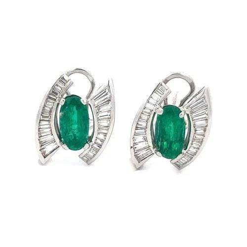 DIAMOND EMERALD PLATINUM EARRINGS 14K GOLD POST CLIP HUGGIE STYLE VINTAGE (1 of 2)