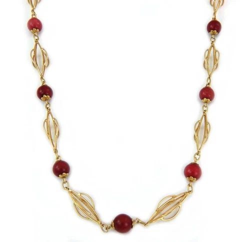 VINTAGE RED CORAL 18K YELLOW GOLD FANCY OPEN LINK BEAD NECKLACE LIQUIDATION (1 of 2)