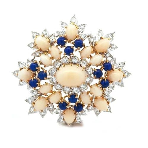 DIAMOND CORAL LAPIS GOLD BROOCH 18K TWO TONE ANGEL SKIN FLORAL VINTAGE STYLE (1 of 2)