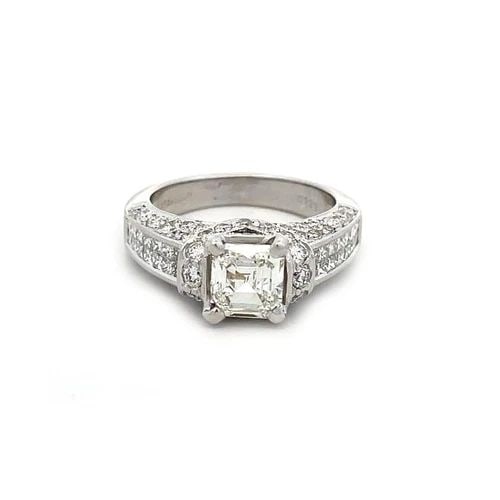 DIAMOND ASSCHER CUT RING 1.83CT 18K WHITE GOLD SOLITAIRE ENGAGEMENT: DIAMOND ASSCHER CUT RING 1.83CT 18K WHITE GOLD SOLITAIRE ENGAGEMENT This is a stunning engagement ring; it is crafted from 18k white gold with round cut diamonds around the sides of the high V shape b
