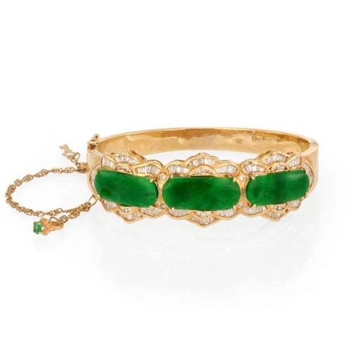 JADE BRACELET DIAMOND 18K YELLOW GOLD FLORAL WIDE BANGLE (1 of 2)